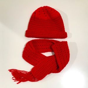 Vintage Handmade Red Beanie and Scarf Set